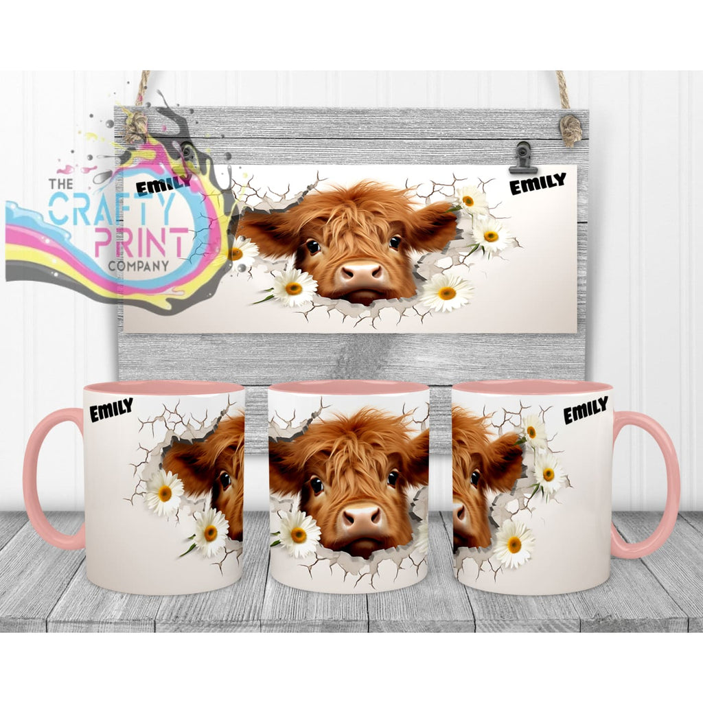 3D Highland Cow Mug - 11oz Ceramic / Pink Handle & Inner