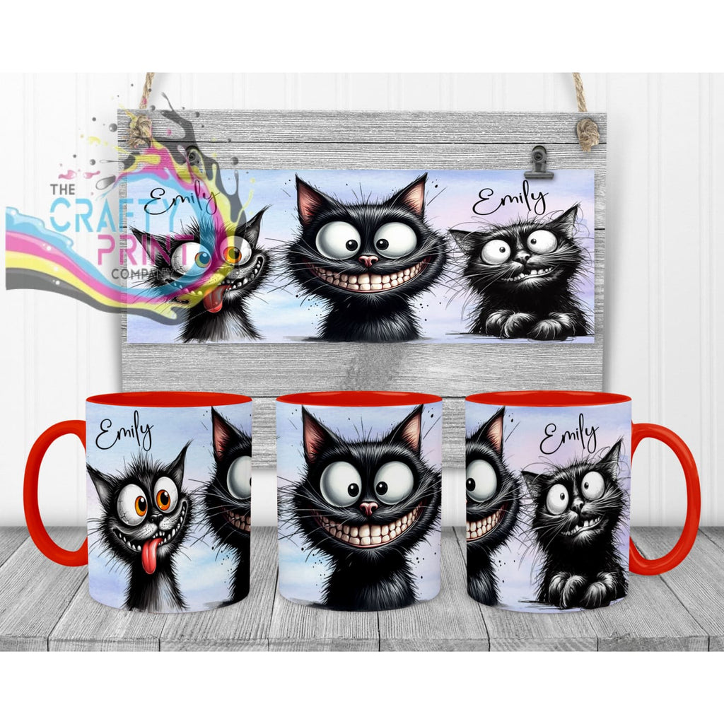 Black Cat Funny Faces Mug - Red Handle & Inner - Mugs