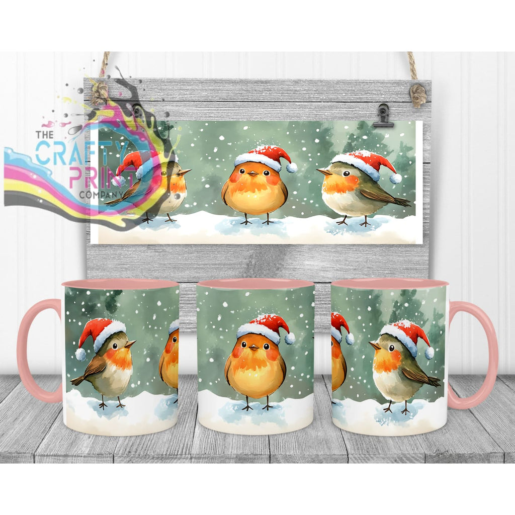 Christmas Robin Mug - 11oz Ceramic / Pink Handle & Inner