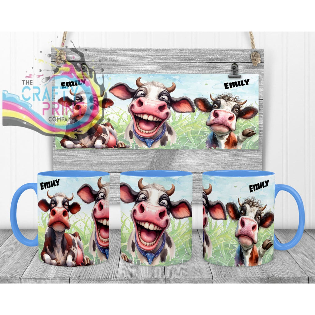 Cow Funny Faces Mug - Blue Handle & Inner - Mugs