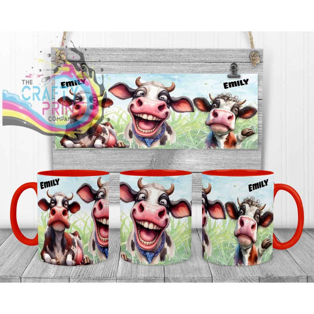 Cow Funny Faces Mug - Red Handle & Inner - Mugs