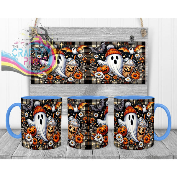 Cute Ghost Pumpkin Mug - 11oz Ceramic / Blue Handle & Inner