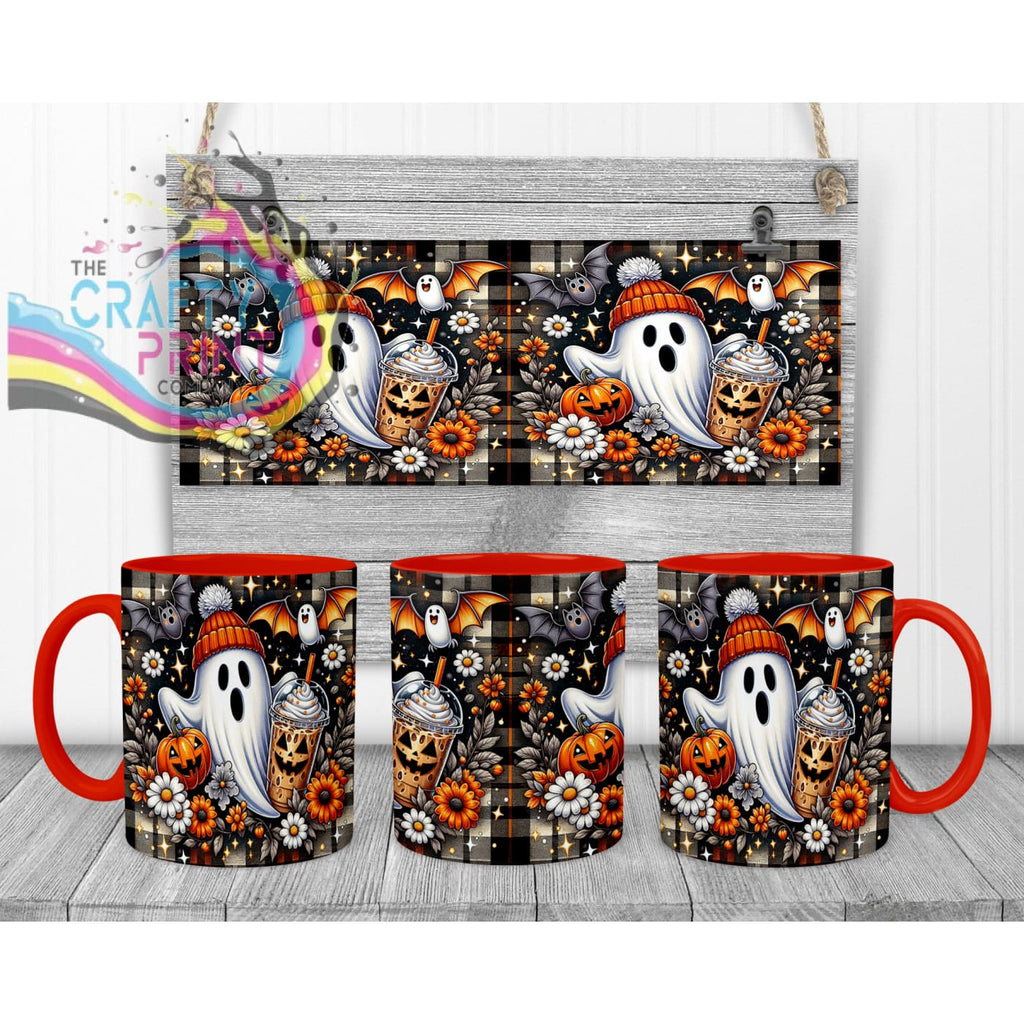 Cute Ghost Pumpkin Mug - 11oz Ceramic / Red Handle & Inner