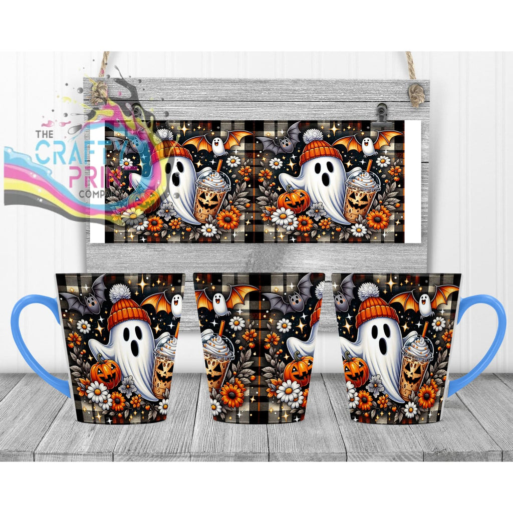 Cute Ghost Pumpkin Mug - 12oz Latte / Blue Handle & Inner