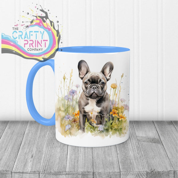 Dark French Bulldog Flowers Mug - 11oz Ceramic / Blue