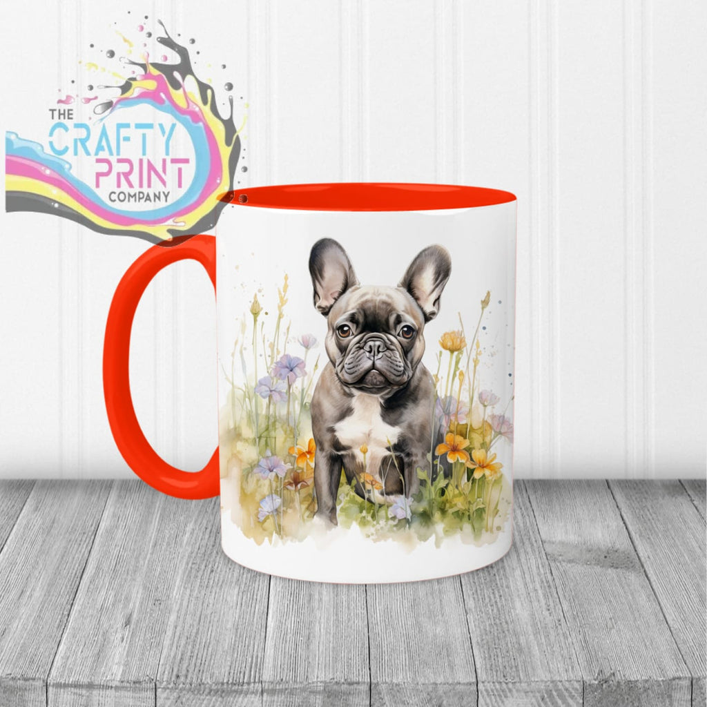 Dark French Bulldog Flowers Mug - 11oz Ceramic / Red Handle