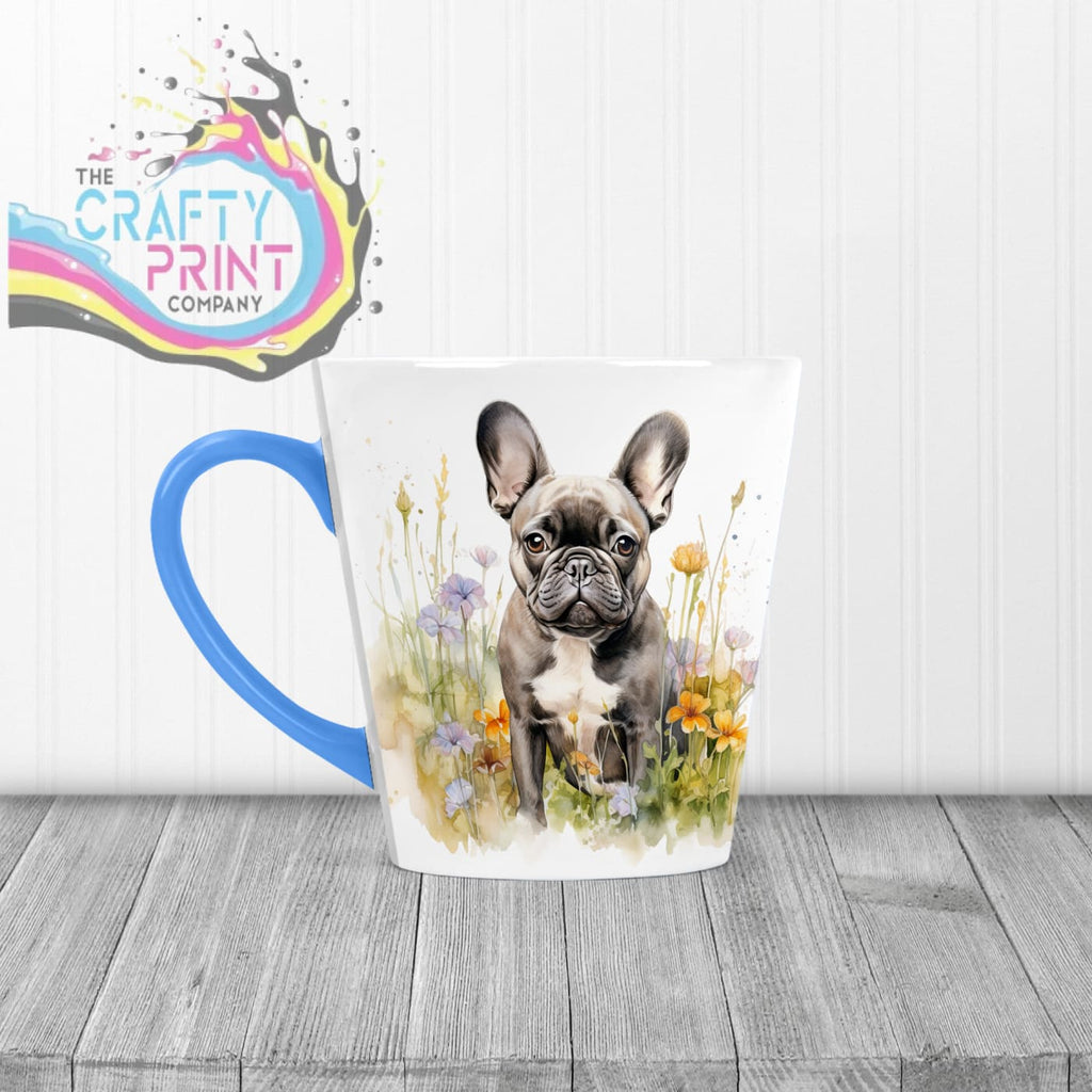 Dark French Bulldog Flowers Mug - 12oz Latte / Blue Handle