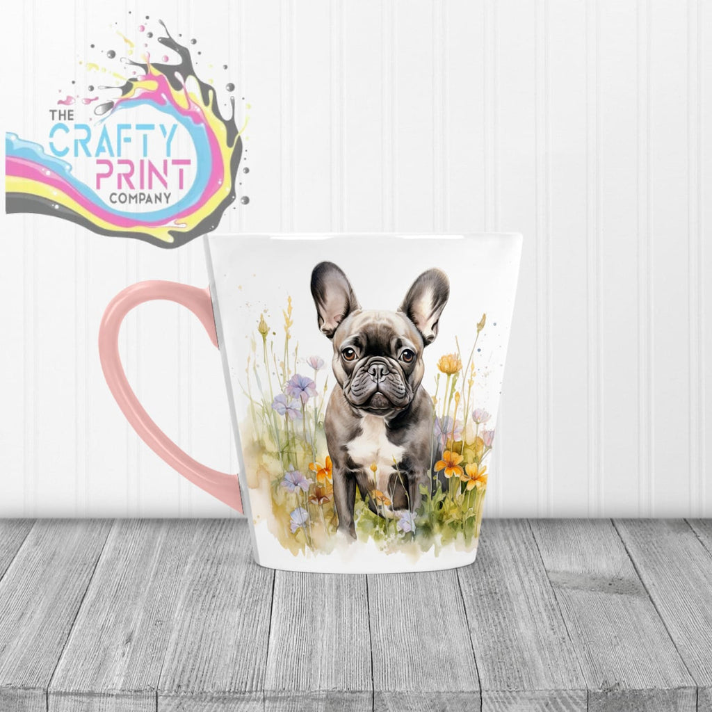 Dark French Bulldog Flowers Mug - 12oz Latte / Pink Handle