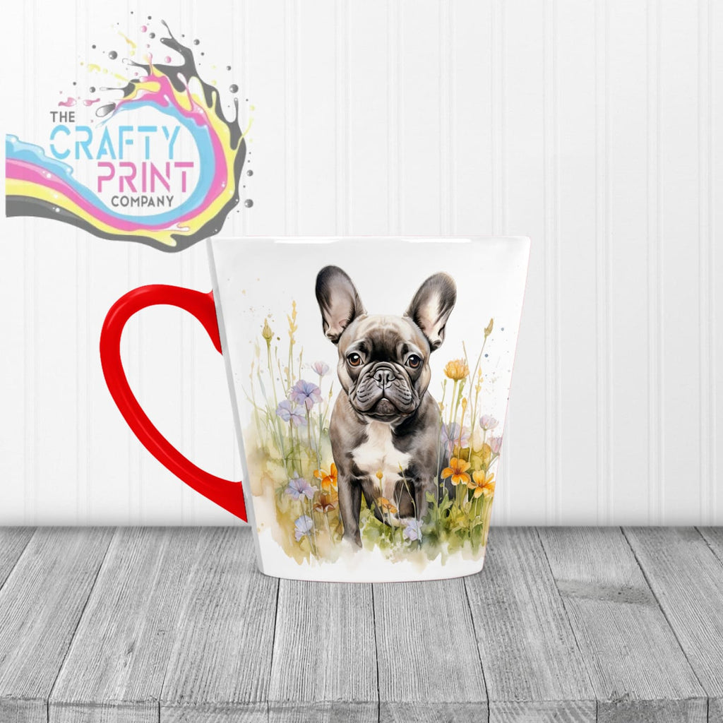 Dark French Bulldog Flowers Mug - 12oz Latte / Red Handle &