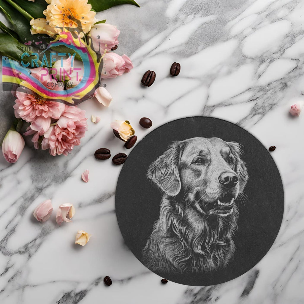 Golden Retriever Engraved Slate Coaster - Round