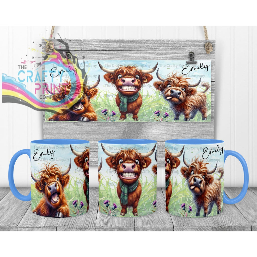 Highland Cow Funny Faces Mug - Blue Handle & Inner - Mugs