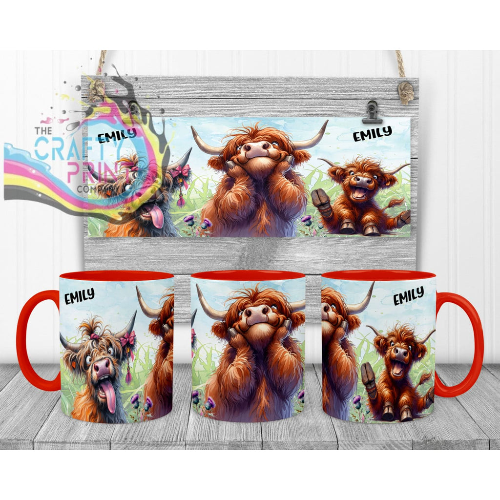 Highland Cow V2 Funny Faces Mug - Red Handle & Inner - Mugs