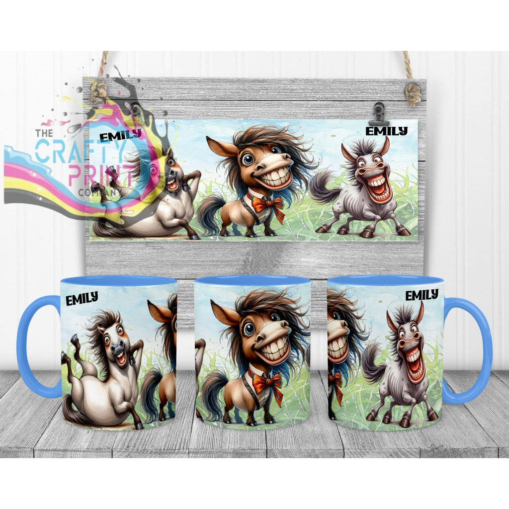 Horse Funny Faces Mug - Blue Handle & Inner - Mugs