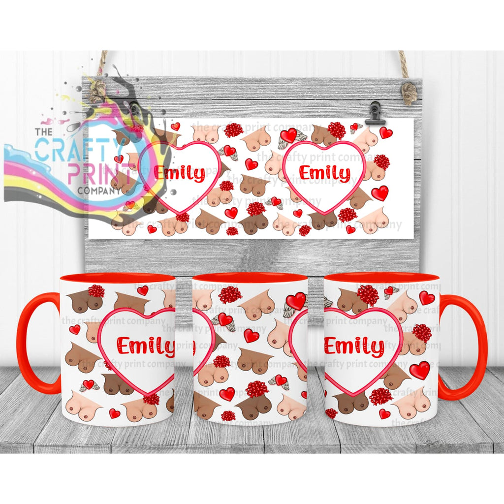 Personalised Boobies Mug - 11oz Ceramic / Red Handle &