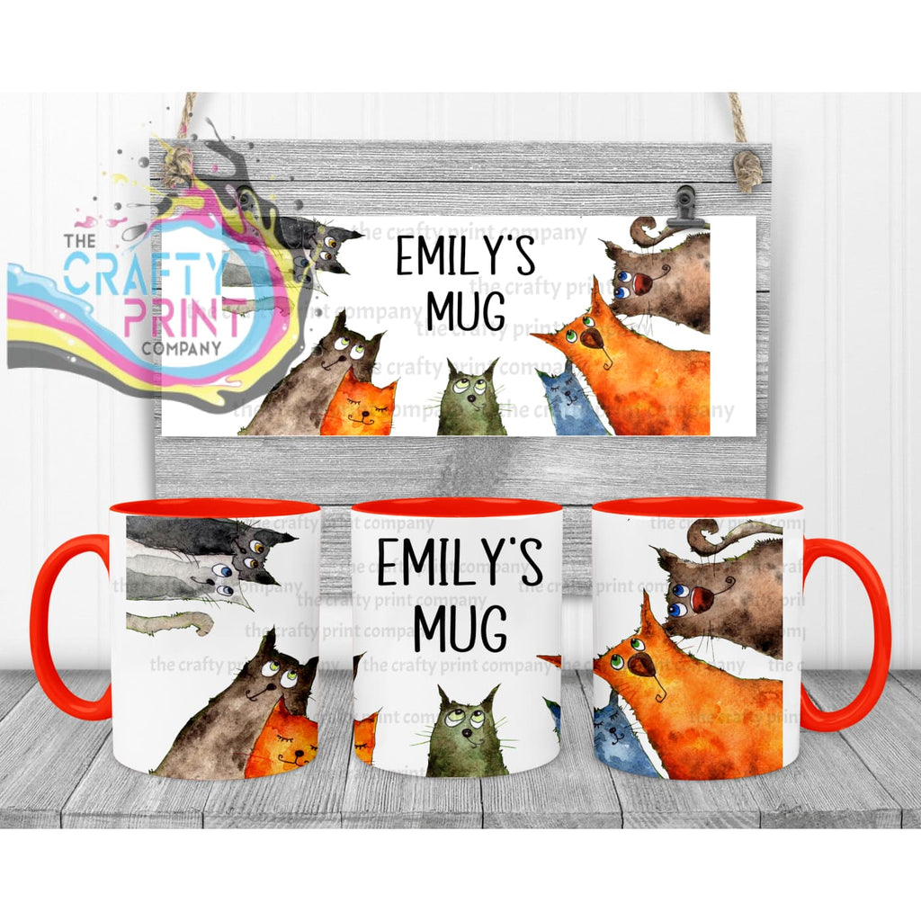 Personalised Cartoon Cats Mug - Red Handle & Inner - Mugs