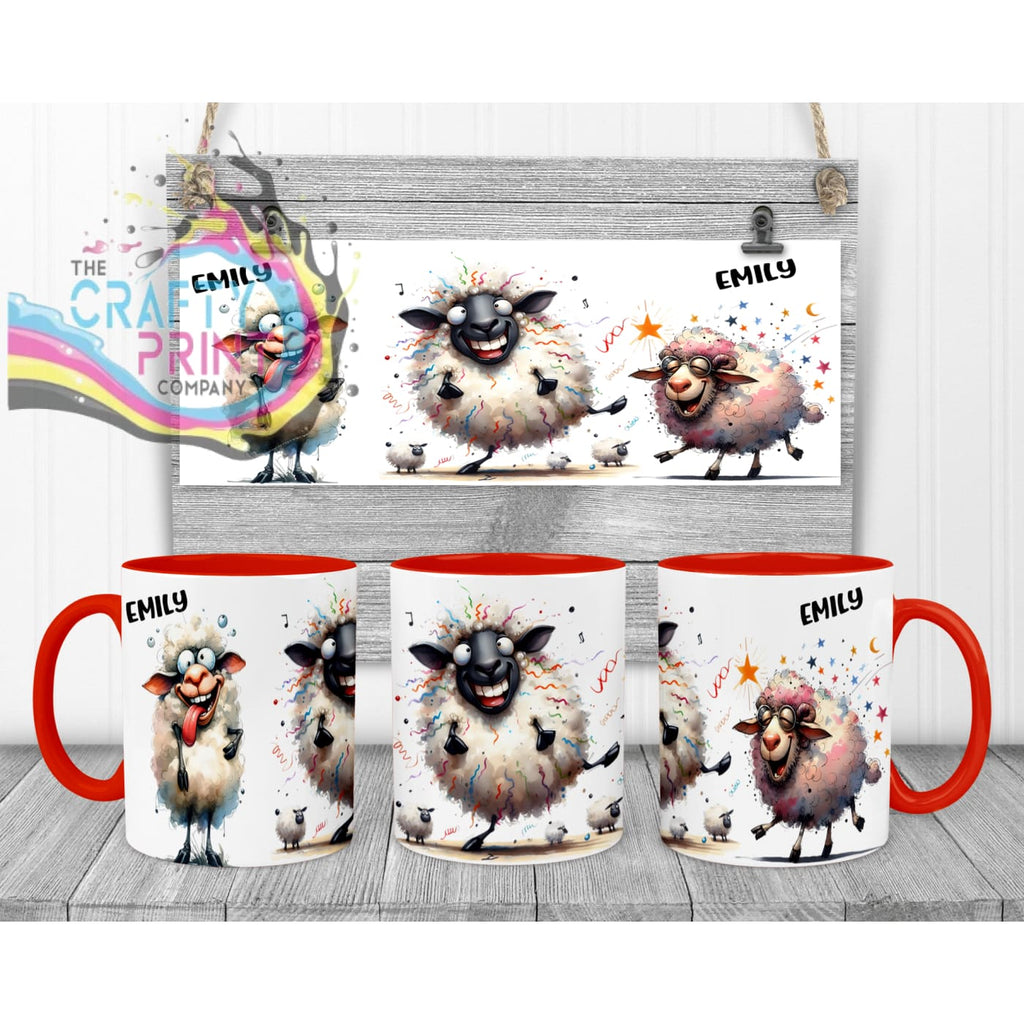 Sheep Funny Faces Mug - Red Handle & Inner - Mugs