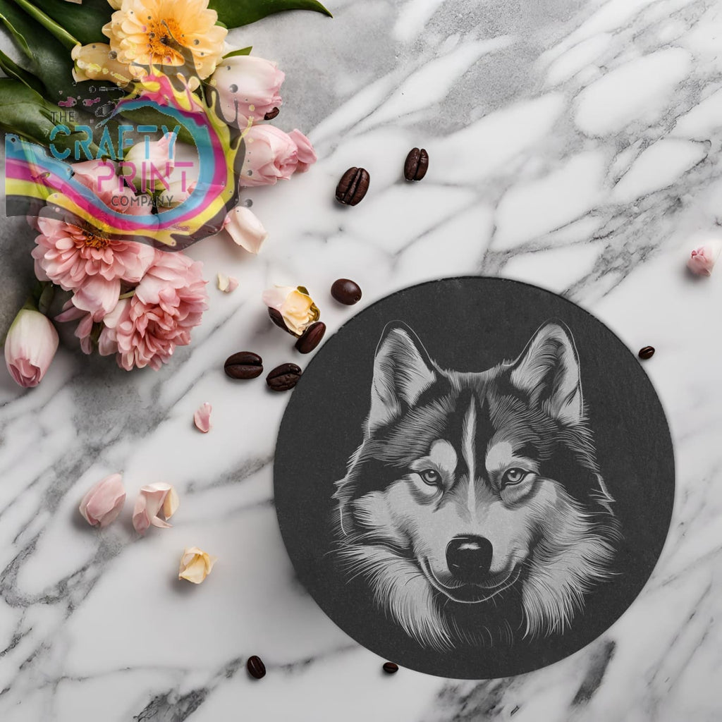 Siberian Husky Engraved Slate Coaster - Round