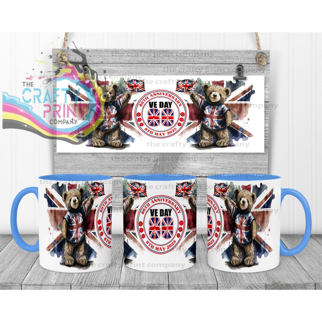 VE Day Teddy Mug - Blue Handle & Inner - Mugs