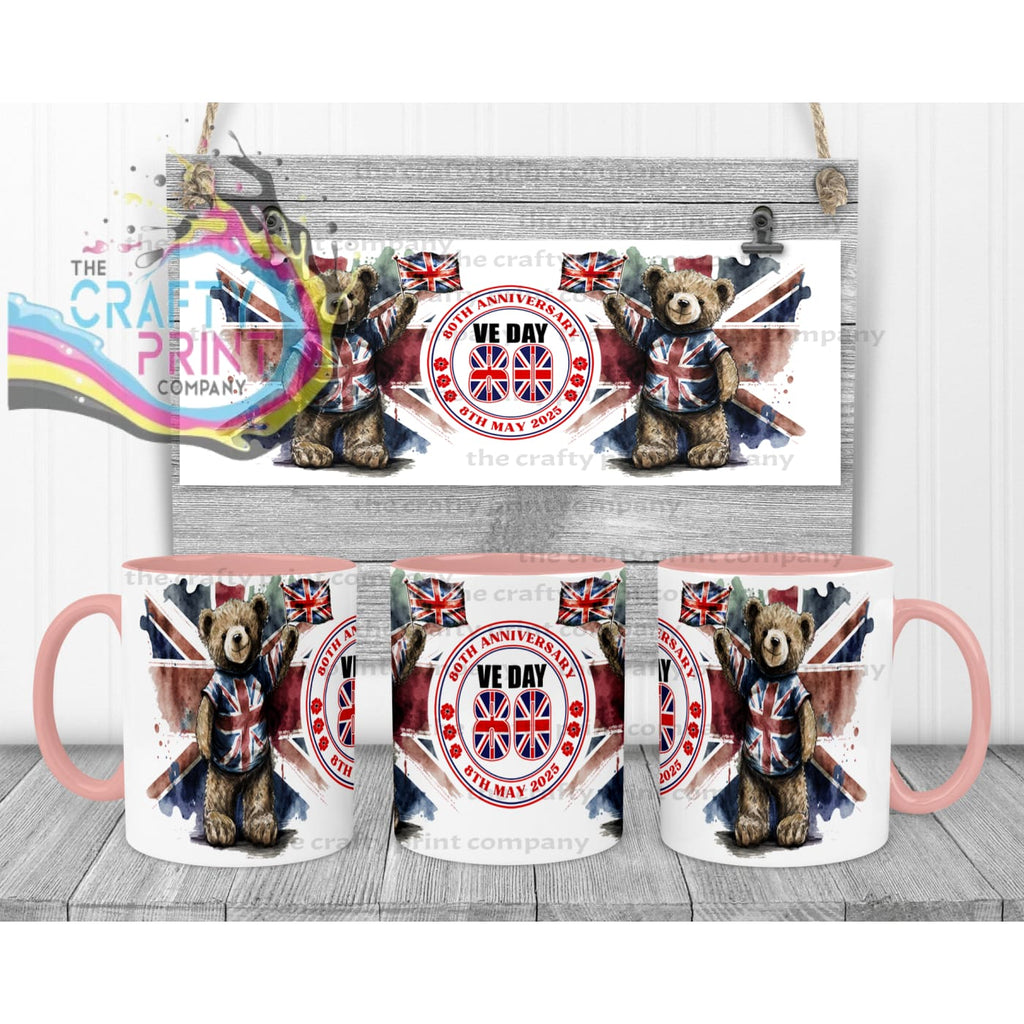 VE Day Teddy Mug - Pink Handle & Inner - Mugs