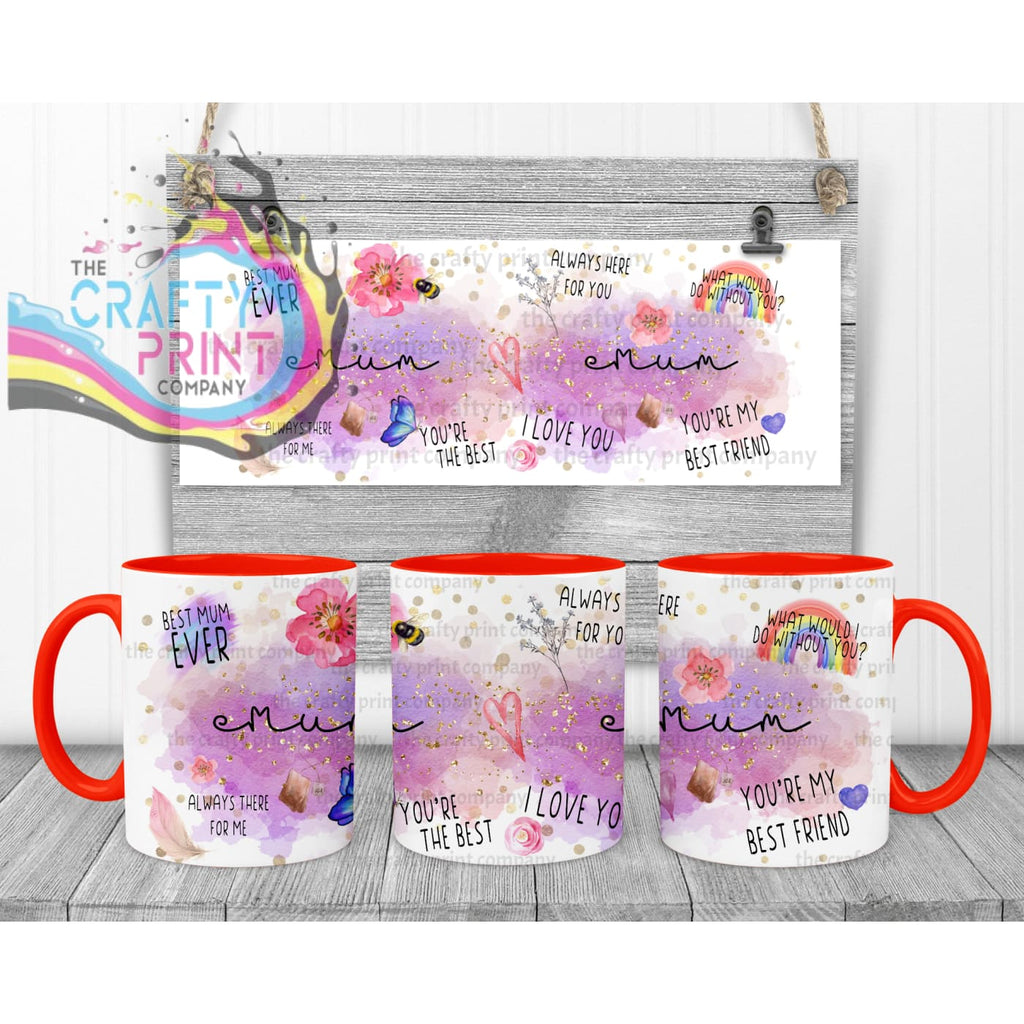 Best Mom Watercolour Rainbow Mug - Red Handle & Inner / Mum