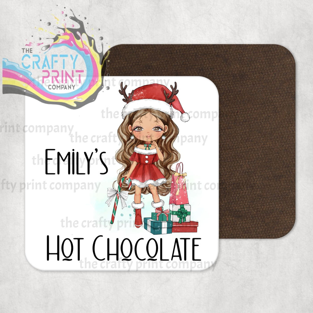 Christmas Ready Girl Personalised Coaster - Brunette Hair