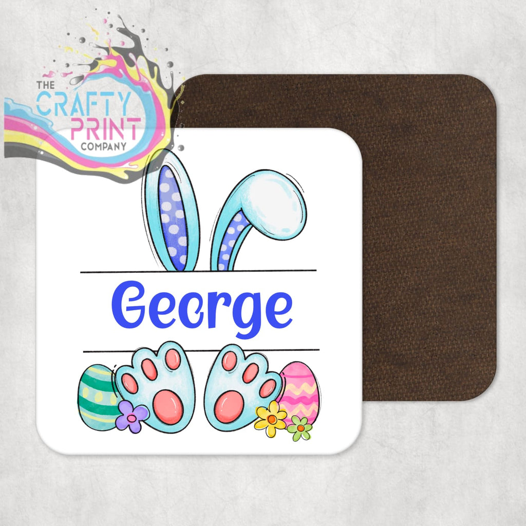 Easter Bunny Ears Feet Personalised Coaster - Blue