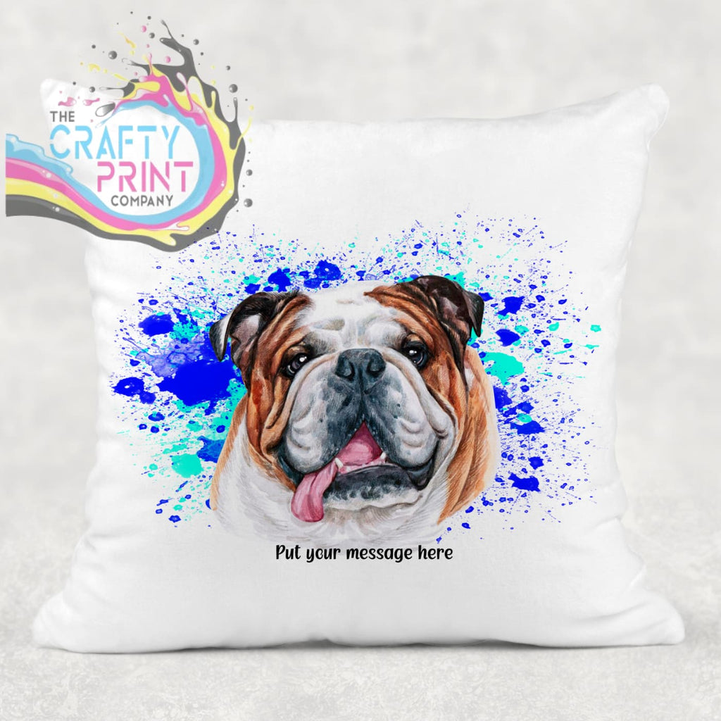 English Bulldog Paint Splatter Personalised Cushion - Blue