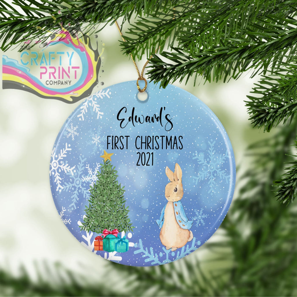 First Christmas Rabbit Ceramic Ornament - Blue Coat