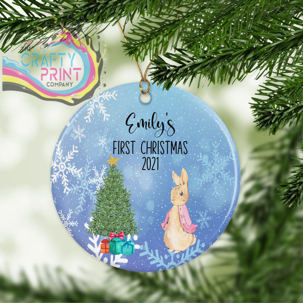 First Christmas Rabbit Ceramic Ornament - Pink Coat