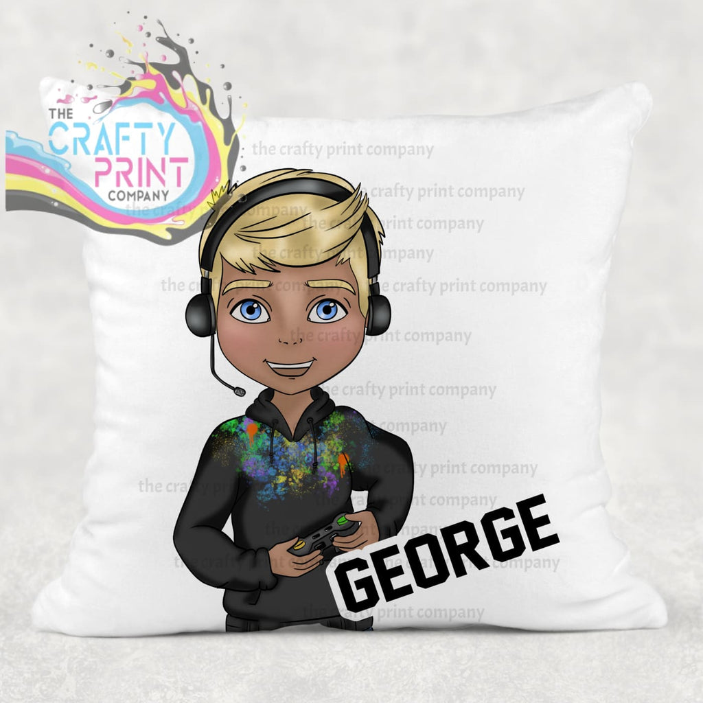 Gamer Boy Black Hoodie Personalised Cushion - Blonde Hair