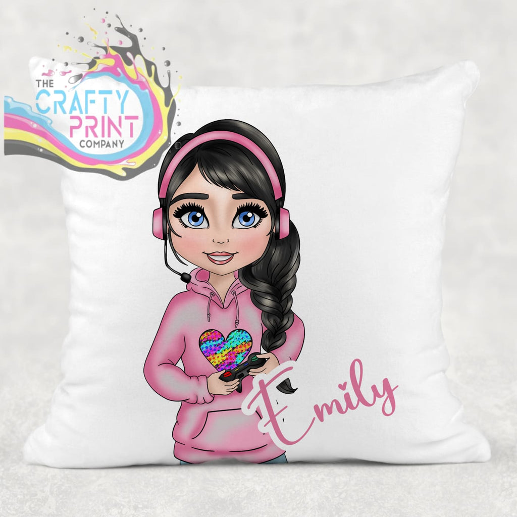 Gamer Girl Pink Personalised Cushion - Black Hair / Blue