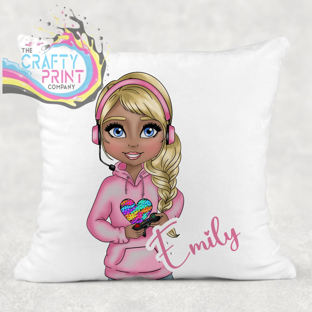 Gamer Girl Pink Personalised Cushion - Blonde Hair Dark