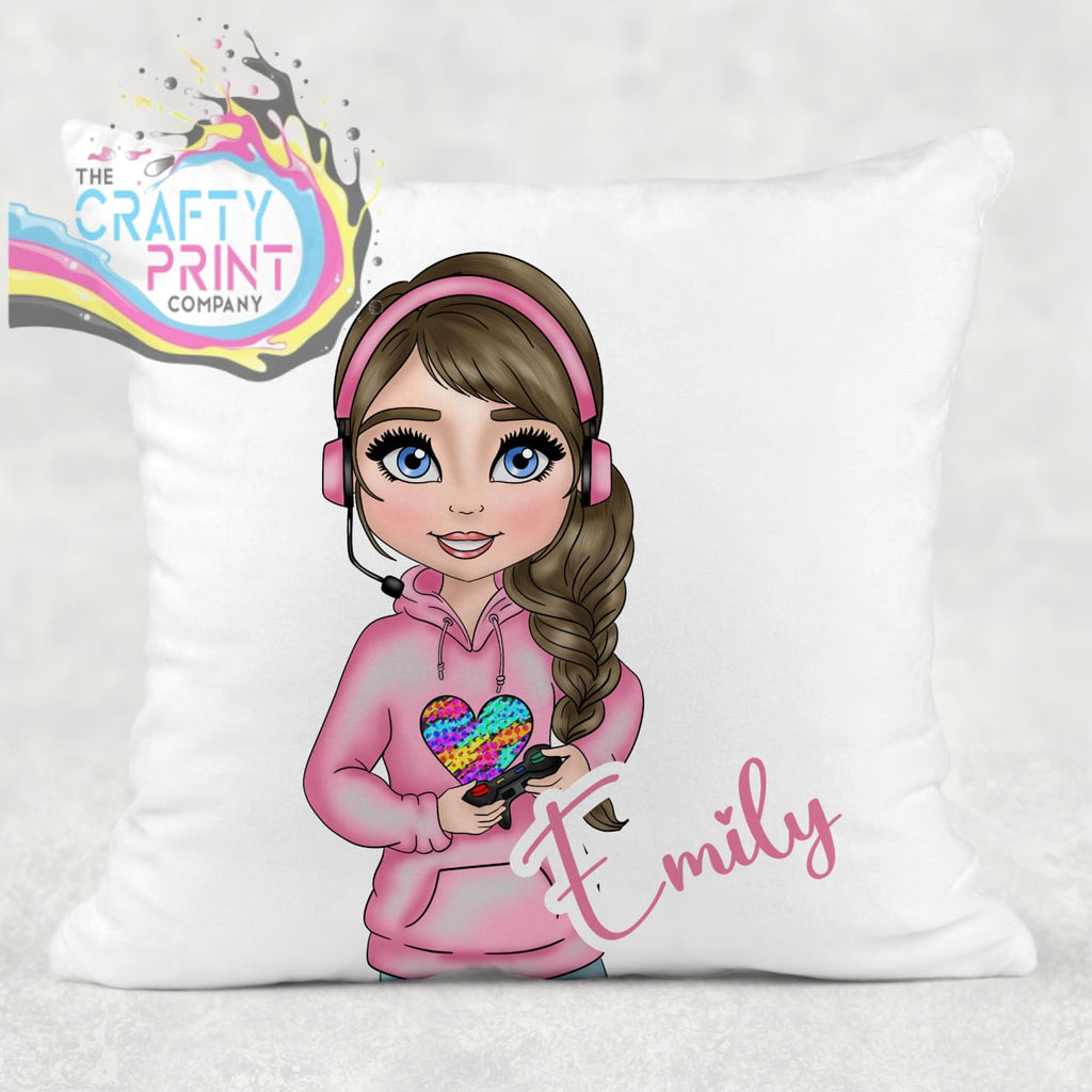 Gamer Girl Pink Personalised Cushion - Brown Hair / Blue