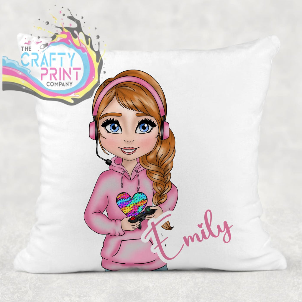 Gamer Girl Pink Personalised Cushion - Red Hair / Blue Eyes