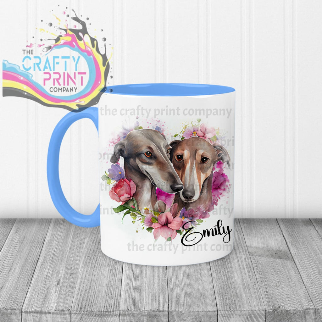 Greyhounds Floral Personalised Mug - Blue Handle & Inner