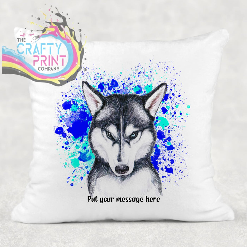 Husky Paint Splatter Personalised Cushion - Blue - Green