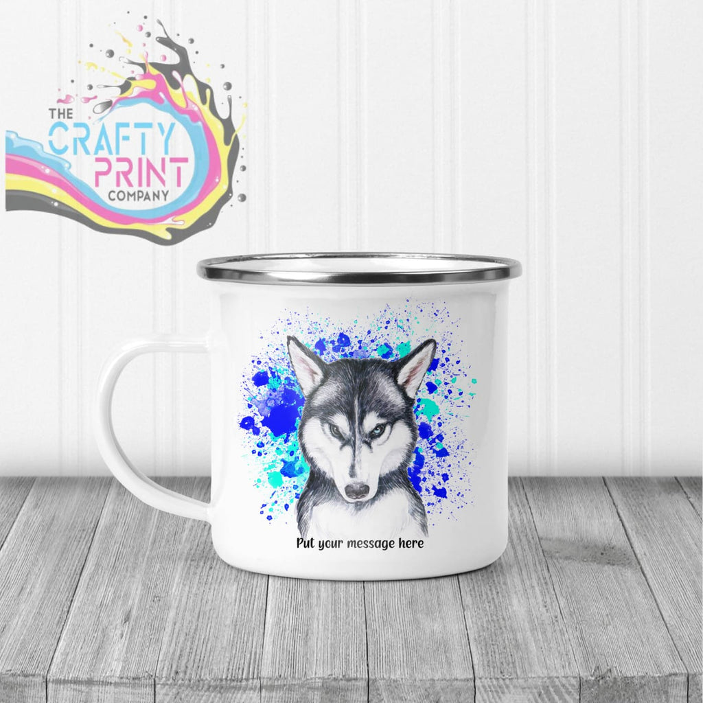 Husky Paint Splatter Personalised Mug - Enamel / Blue