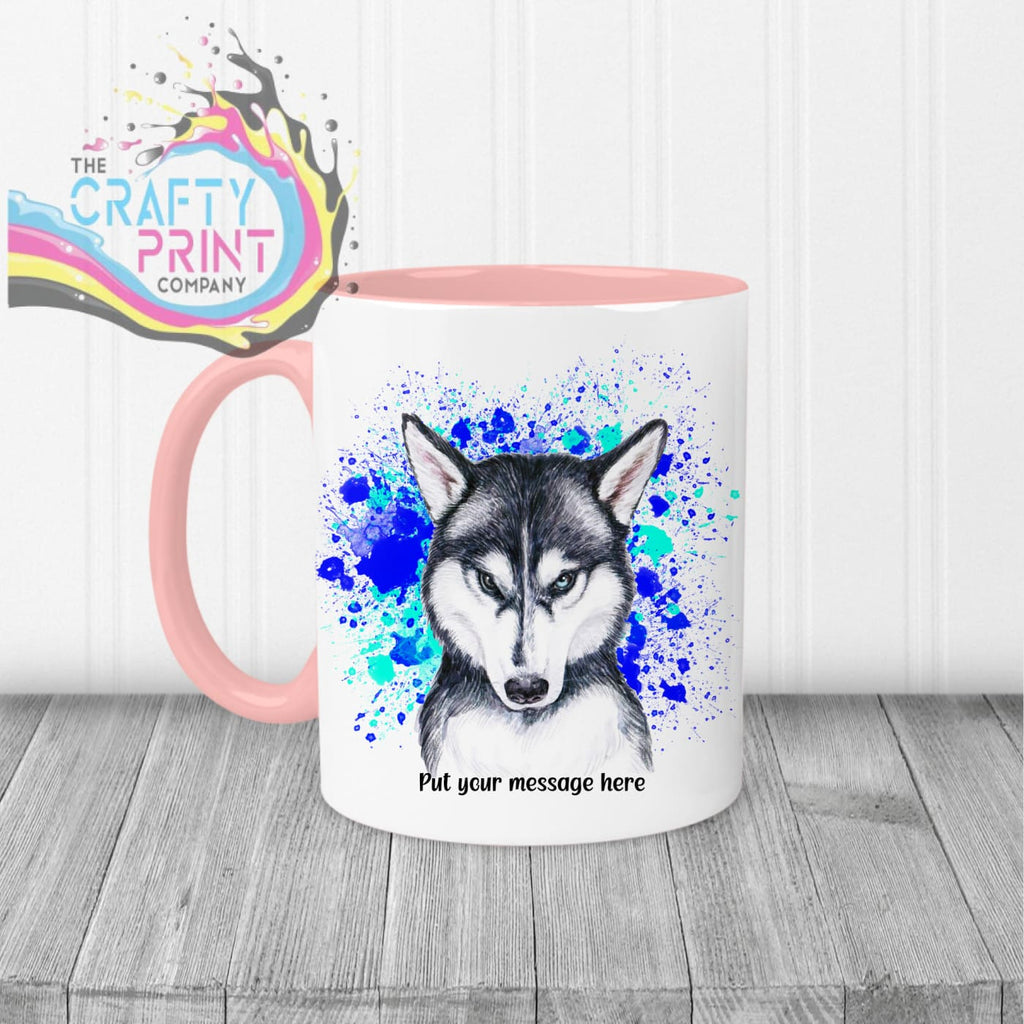 Husky Paint Splatter Personalised Mug - Pink Handle & Inner