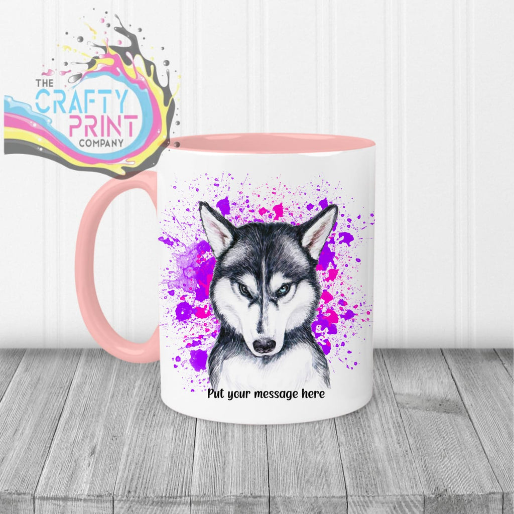 Husky Paint Splatter Personalised Mug - Pink Handle & Inner