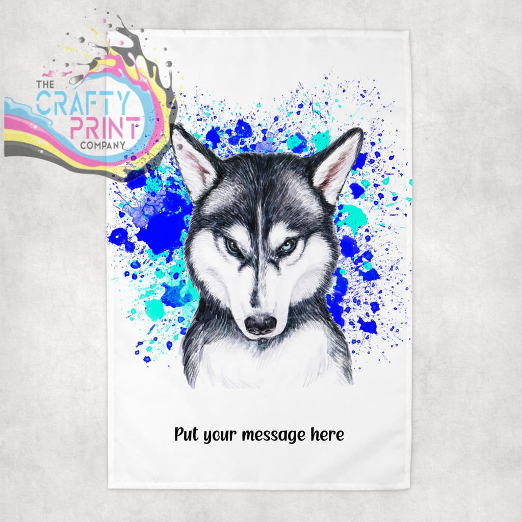 Husky Paint Splatter Personalised Tea Towel - Blue - Green