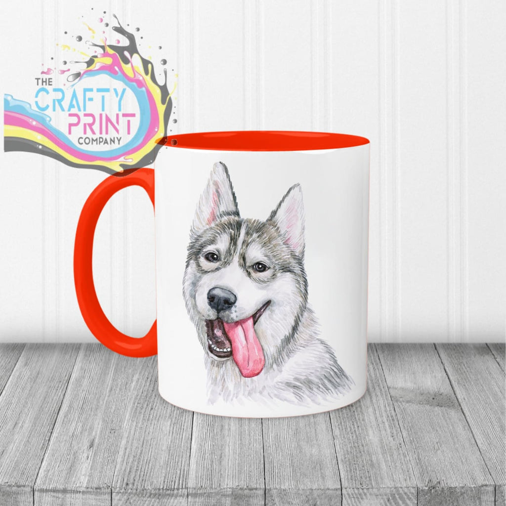 Husky Tongue Out Mug - Red Handle & Inner - Mugs