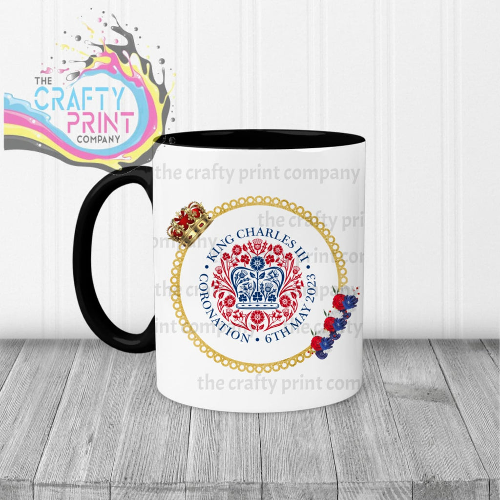 King Charles III Coronation Logo Crown Flowers Mug - Black