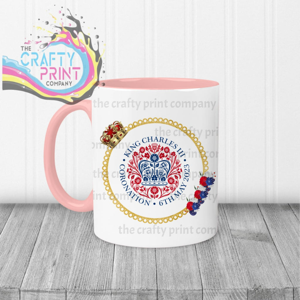 King Charles III Coronation Logo Crown Flowers Mug - Pink