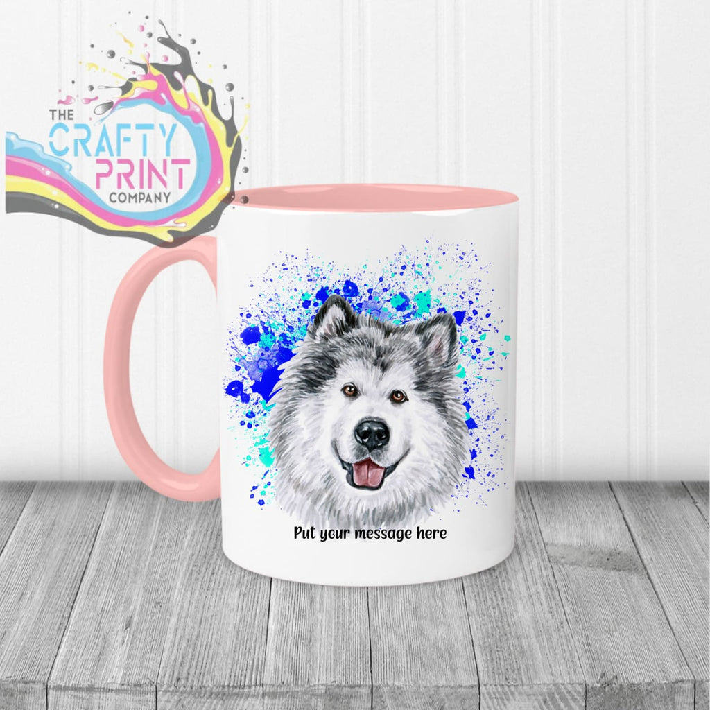 Malamute Paint Splatter Personalised Mug - Pink Handle &