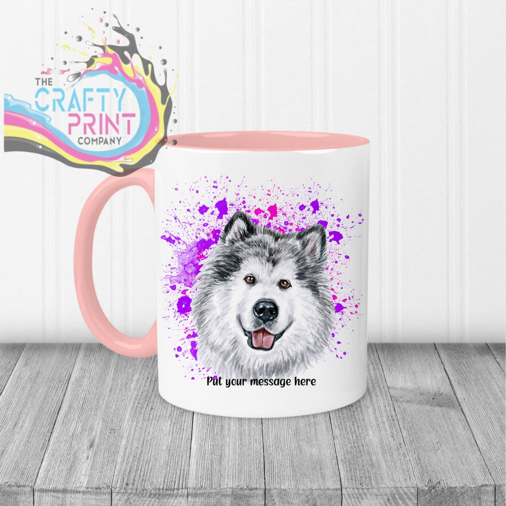 Malamute Paint Splatter Personalised Mug - Pink Handle &