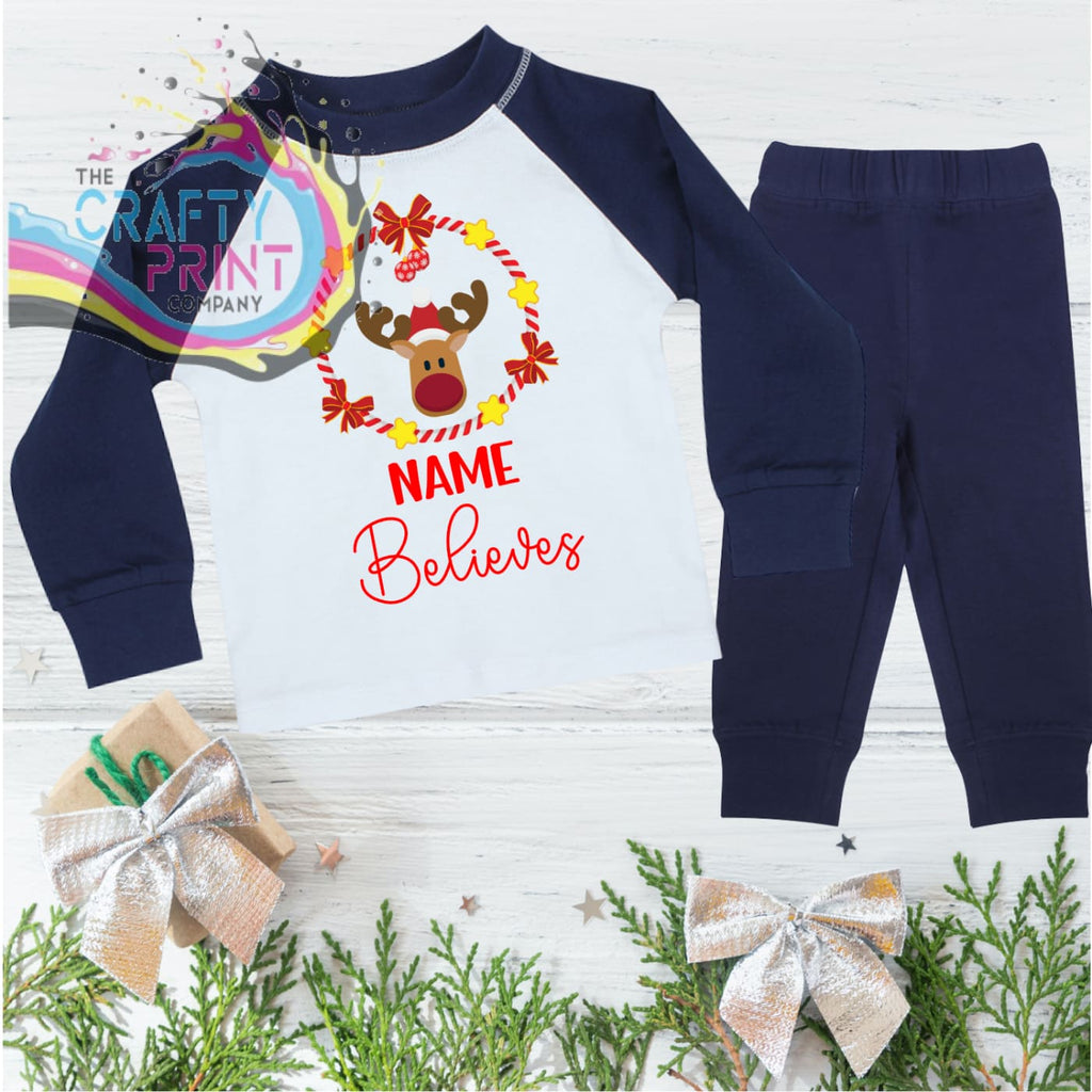 Name Believes Reindeer Christmas Pyjamas - Blue