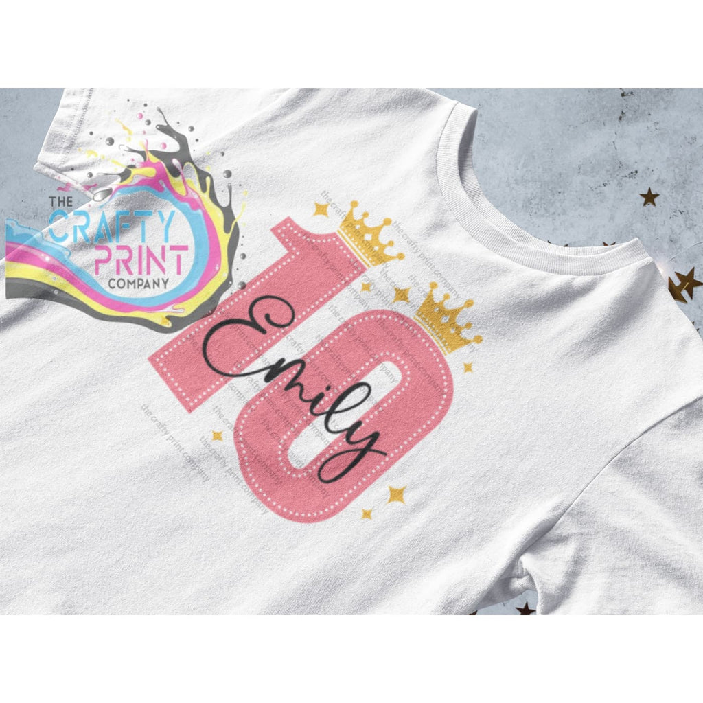 Pink Birthday Number and Crown Personalised T-shirt - Ten