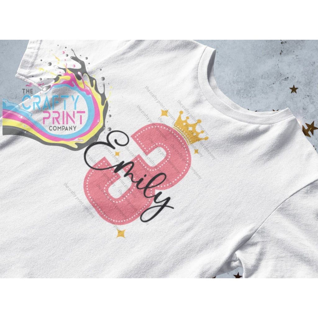 Pink Birthday Number and Crown Personalised T-shirt - Three