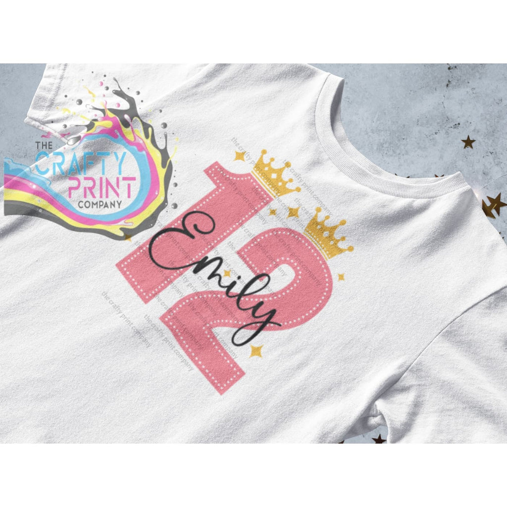 Pink Birthday Number and Crown Personalised T-shirt