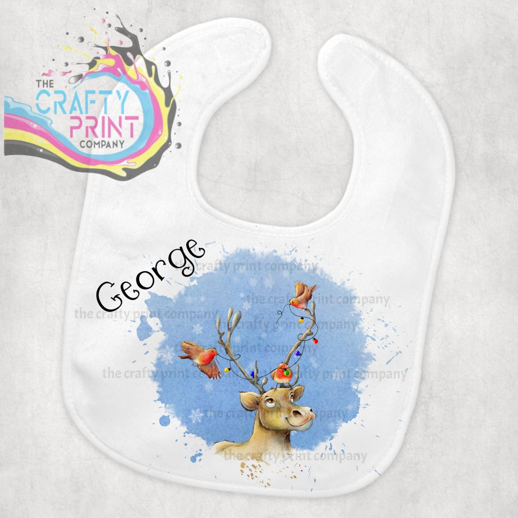 Reindeer Robin Christmas Personalised Baby Bib - Blue - &